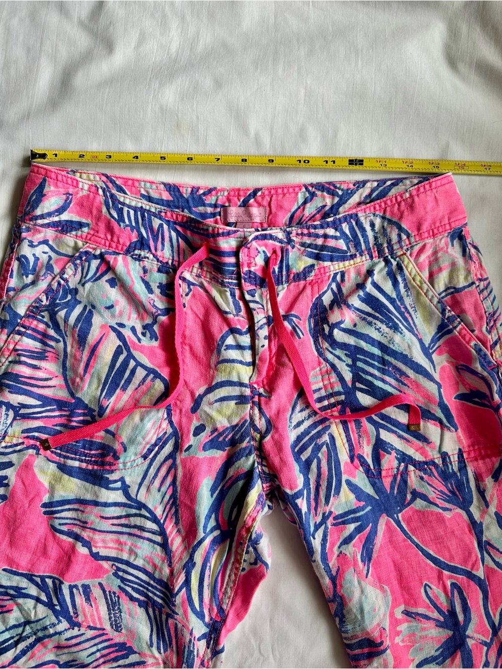 Lilly Pulitzer Pink Tropical Leaf 100% Linen Trouser Pants with Drawstring - Picture 11 of 12